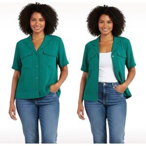 Athleta Echo Top Women's Medium Kelly Green Button Up Textured Ruffled Back NWT